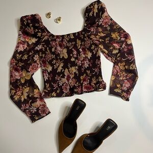 Express Floral Smocked Blouse with Long Sleeves